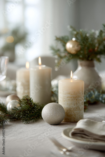 cozy christmas scene featuring beautifully set table adorned with sparkling ornaments