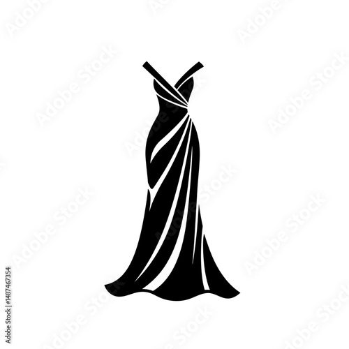 Elegant Evening Gown: A stylish silhouette of a flowing evening gown in striking black. The design features delicate draping and a sophisticated shape, perfect for any special occasion.