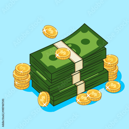 Stack of Money and Gold Coins Vector Illustration Cartoon Design