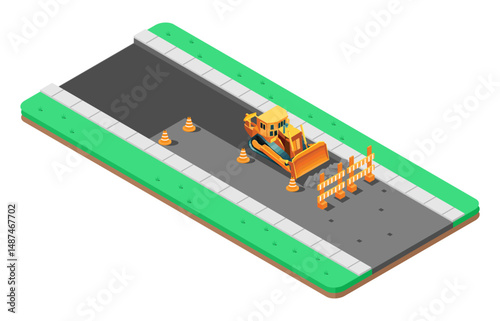 Isometric illustration of repair of asphalt road with road construction signs, vector illustration