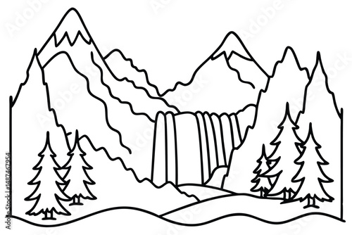 Outlined mountain landscape features a striking waterfall and evergreen trees in a minimalist style