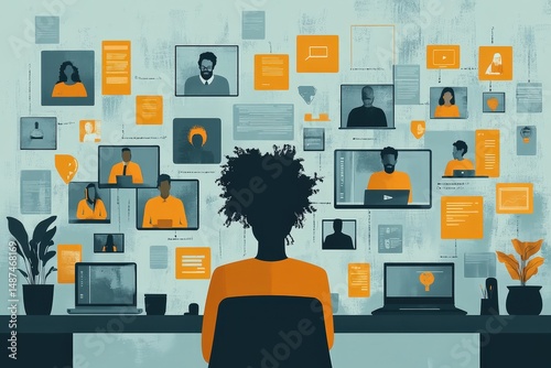 People Across Different Locations Interact Through Video Conferencing Technology on a World Map Background, Illustrating Global Communication and Connectivity
