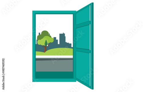 illustration Open the door. and enjoy 
Beautiful valley view. Vector illustration