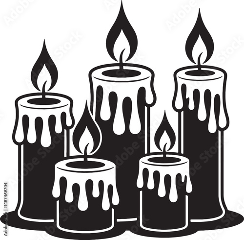 Four melted candles burning brightly together