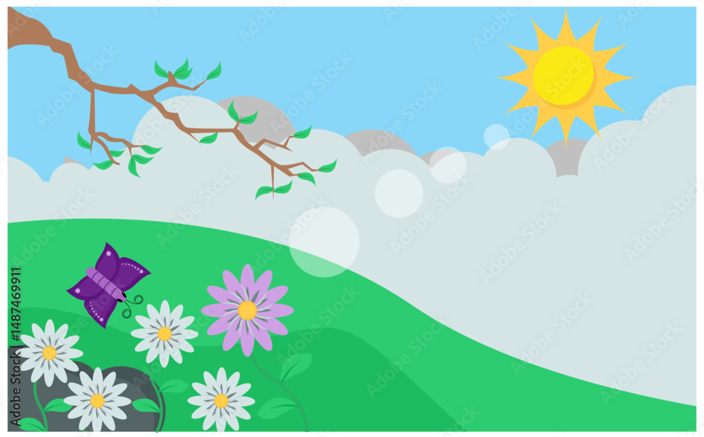 Obraz premium flat illustration Window with city views. Plant and tree houses. vector illustration