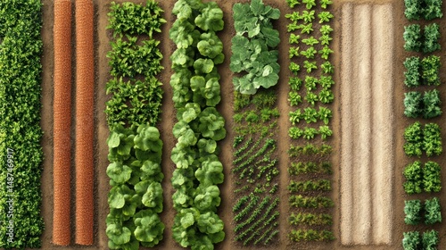 Aerial View of a Diverse and Organized Vegetable Garden Rows