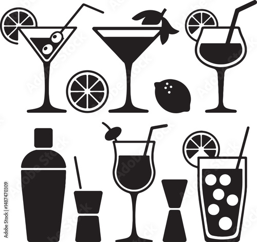 Cocktail icons black and white drink menu graphics