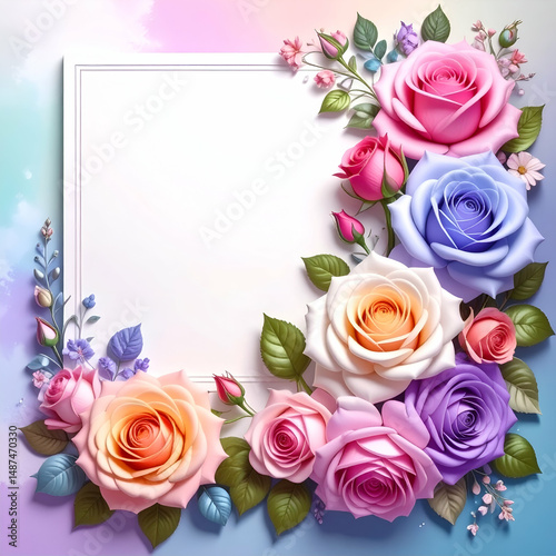 A decorative floral frame with various roses and leaves, ideal for invitations or cards.
