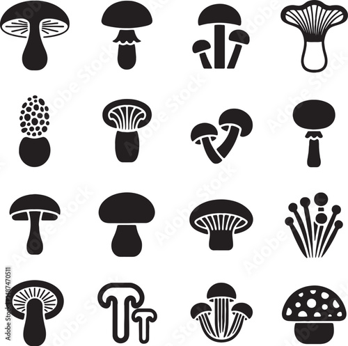 Collection of various mushroom icons silhouettes