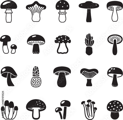 Collection of black silhouettes various mushroom types