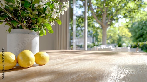 Lemons on a Wooden Table Next to a Flower Arrangement