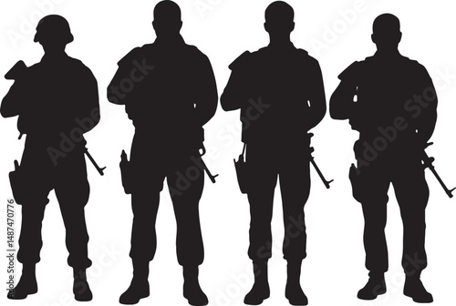 Four silhouettes of armed soldiers standing guard