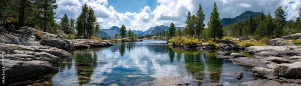 Fototapeta premium Scenic view of lake in pine forest with rock and trees concept. Scenic view of a tranquil lake surrounded by majestic mountains.