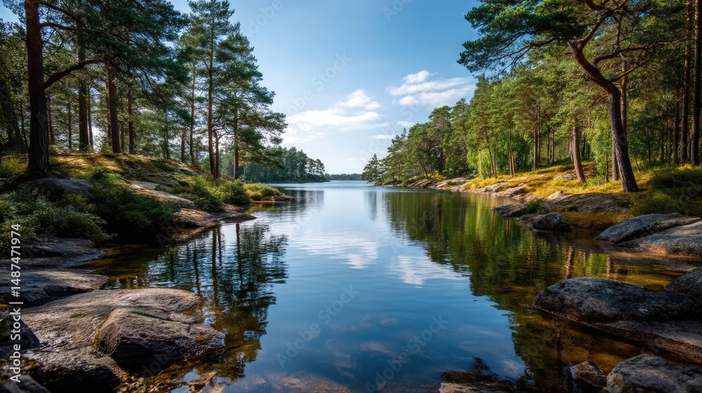 Scenic view of lake in pine forest with rock and trees concept. Calm lake surrounded by pine trees and reflective waters under blue skies. Scenic view of lake in pine forest with rock and trees concept. Calm lake surrounded by pine trees and reflective waters under blue skies.