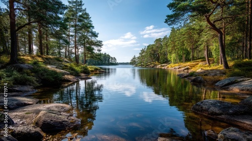 Scenic view of lake in pine forest with rock and trees concept. Calm lake surrounded by pine trees and reflective waters under blue skies.