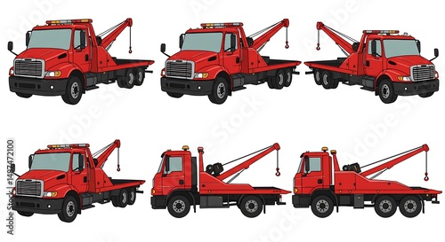 Red tow truck illustrations set