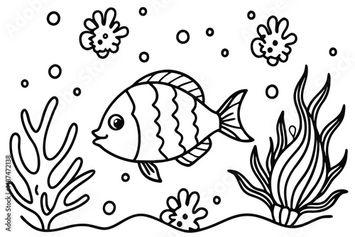 Outlined striped fish swims happily among the outlined sea plants and bubbles underwater