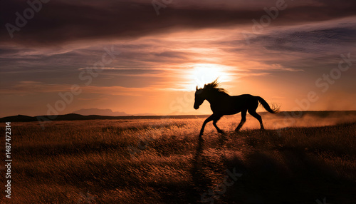 A silhouette of a horse galloping against a vibrant sunset backdrop.