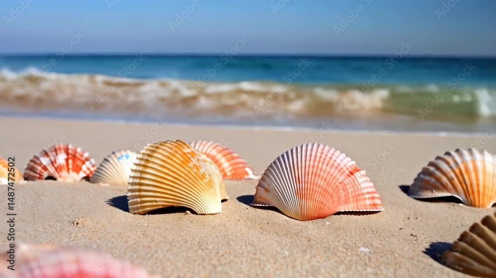 Seashells on warm sand near the ocean with waves crashing in background, tropical summer scene on vacation