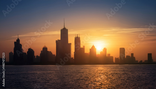 A sunset silhouette of a city skyline reflecting on the water.