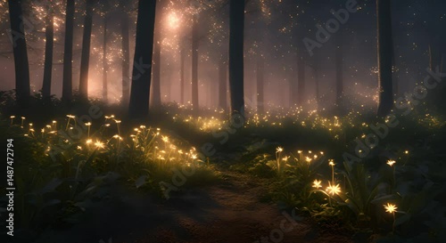 Enchanted Forest at Night with Glowing Fireflies