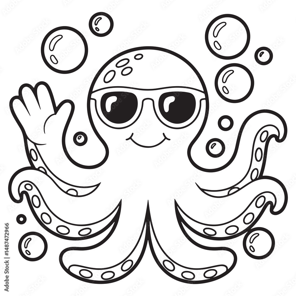Obraz premium Cool Octopus with Sunglasses Summer Coloring Page for Kids
