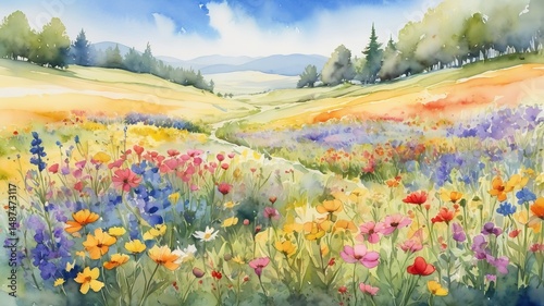 Fototapeta Naklejka Na Ścianę i Meble -  A watercolor of colorful field of wildflowers in bloom on sunny day.
