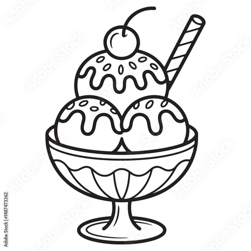 Triple Scoop Ice Cream Sundae with Cherry Coloring Page