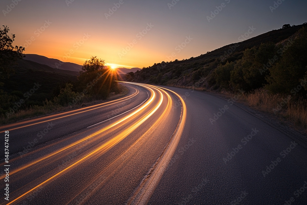 Fototapeta premium Winding road's light trails lead to a beautiful sunset in a hilly countryside