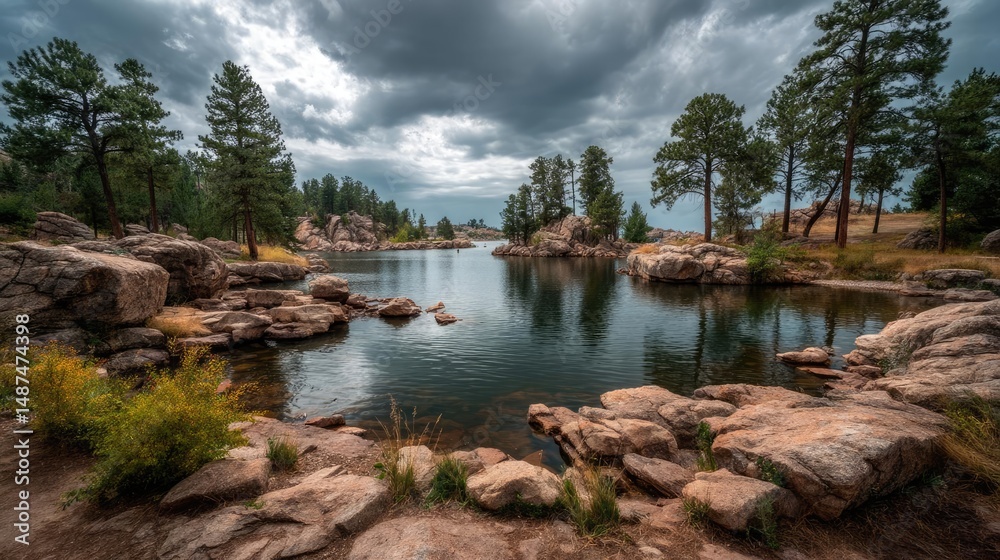 Obraz premium Scenic view of lake in pine forest under peaceful nature concept. Serene lake surrounded by rocks and trees under a cloudy sky.