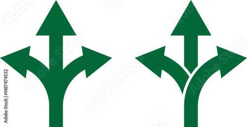 Three-way directional arrow in flat style. Vector illustration. Road direction icon isolated. Vector icon of branching three arrows. 