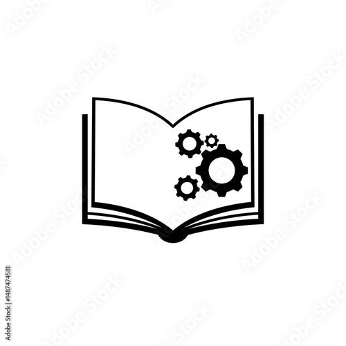Gear Manual: The open book illustrates knowledge and skill related the gear mechanisms. The minimalistic approach uses clear lines and shapes to depict the connection between learning and engineering.