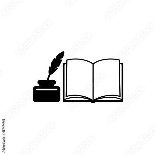 Open Book and Quill: An open book rests beside an inkwell and quill, symbolizing the essence of writing and the literary world, rendered in a simple, elegant style.