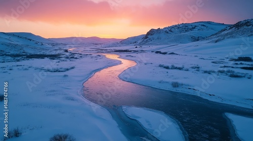 Frozen river snaking through a snow-covered valley glowing under the soft light of dusk, Generative AI