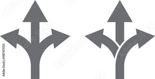 Three-way directional arrow in flat style. Vector illustration. Road direction icon isolated. Vector icon of branching three arrows. 