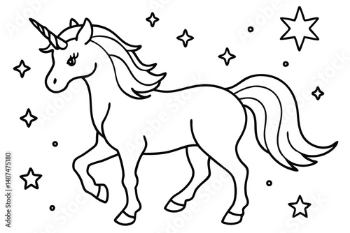 Outlined unicorn walks gracefully among stars, its single horn adding mystic charm