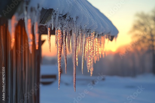 Icicles glinting in the first light of dawn hanging from the roof of a snow-draped wooden barn, Generative AI