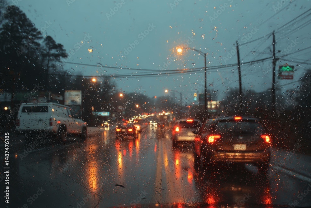 Fototapeta premium Raindrops trickling while stuck in traffic