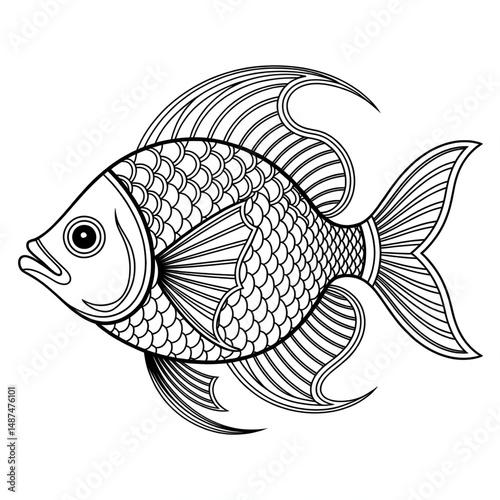 Line drawing fish coloring page design