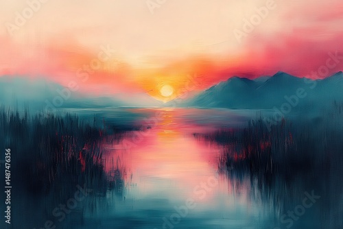 Soft Pastel Hues Merge in a Serene Riverscape at Sunset, Reflecting the Warm Tones on Tranquil Waters