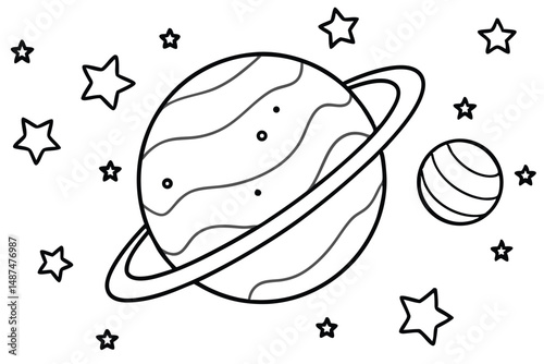 Planets surrounded by stars offer an elementary space theme for coloring activities and designs