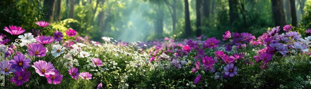 Obraz premium Blooming flowers in meadow surrounded by vibrant nature gardens concept. A vibrant field of colorful flowers in a serene forest setting.