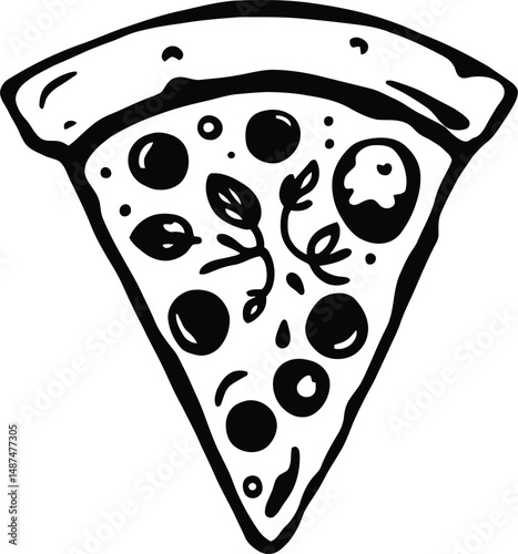Savory Delight: A Black and White Illustration of a Tasty Pizza Slice with Various Toppings for a Delicious Culinary Experience