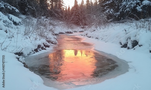 Frozen creek reflecting vibrant pinks and oranges as the sun sets behind snow-laden trees, Generative AI