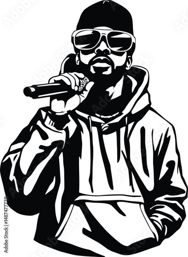 Urban Rhythms: A Dynamic Black and White Illustration of a Hoodie-Wearing Performer Engaging the Crowd with Powerful Lyrics