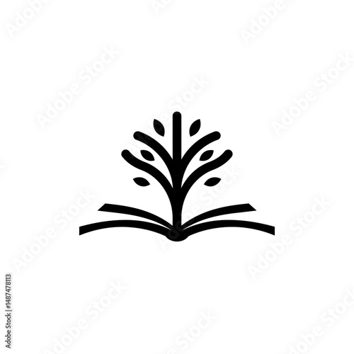 Knowledge Tree: A minimalist symbol, depicting a tree blossoming from an open book, embodies growth and knowledge, perfect for educational or literary concepts.