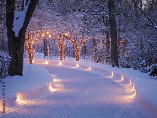 Lantern-lit skating trail winding through a snowy park surrounded by softly illuminated evergreens, Generative AI