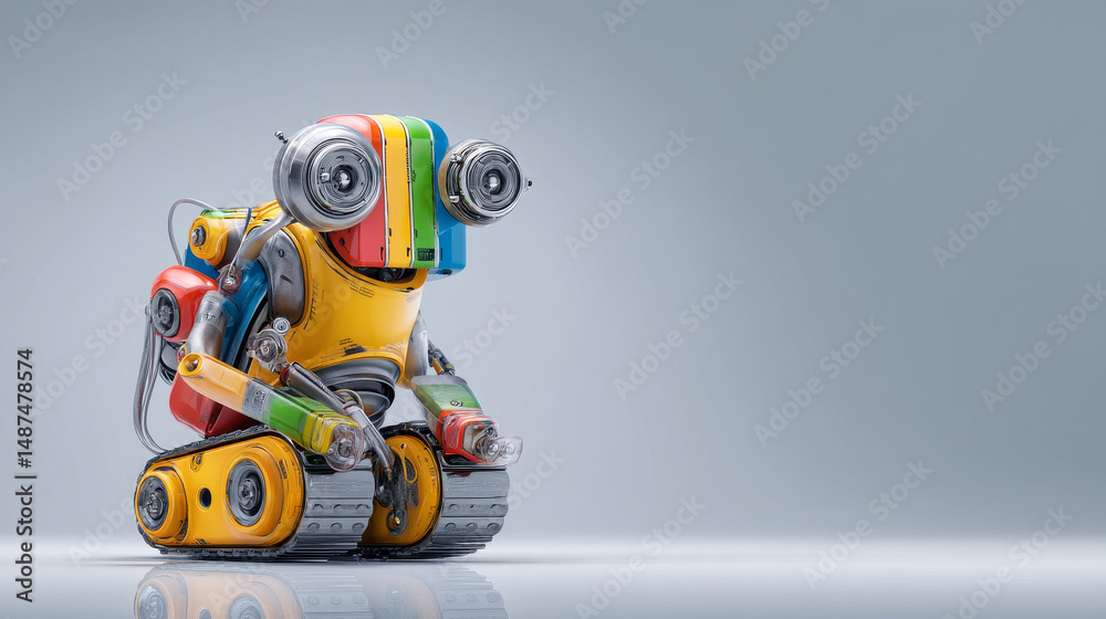 Fototapeta premium A colorful robot toy with wheels, showcasing vibrant design and playful features.