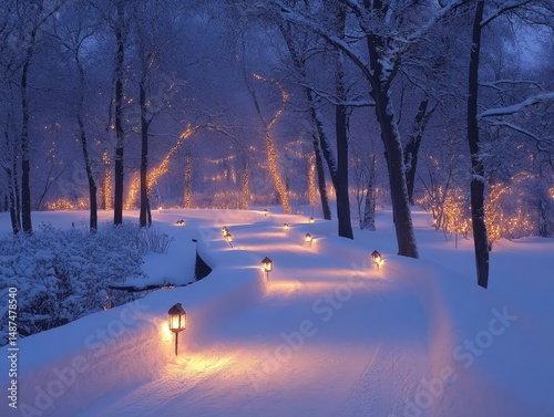 Lantern-lit skating trail winding through a snowy park surrounded by softly illuminated evergreens, Generative AI