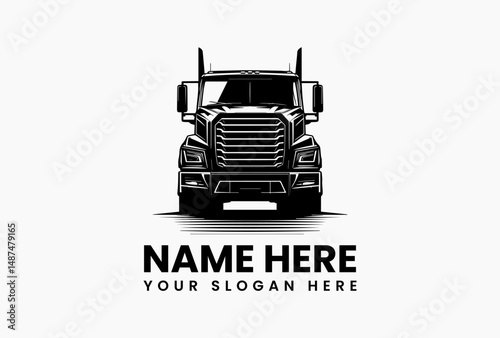 Sleek silver Freightliner Cascadia semi-truck with extended trailer at dynamic angle vector logo. Modern transportation and logistics emblem  